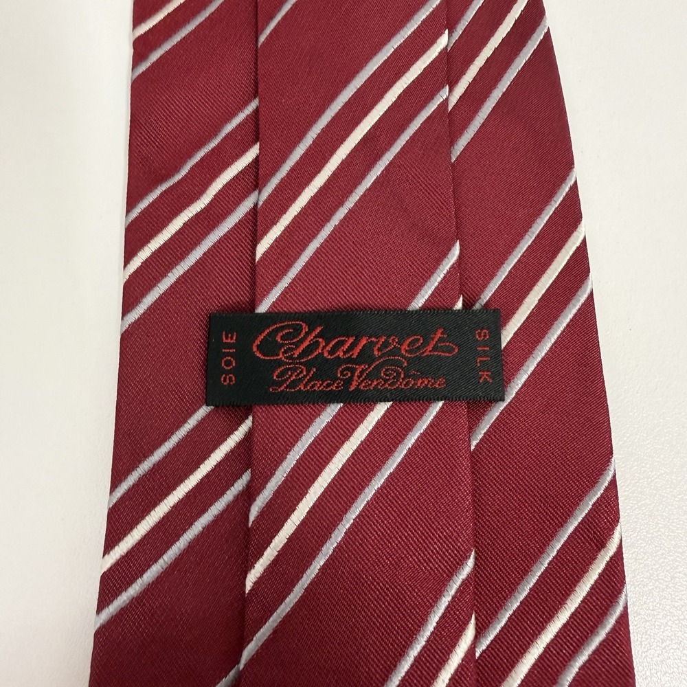 Charvet Place Vendome Men's Tie Red Wine Striped Satin Silk 3.75" (W) x 58" (L)